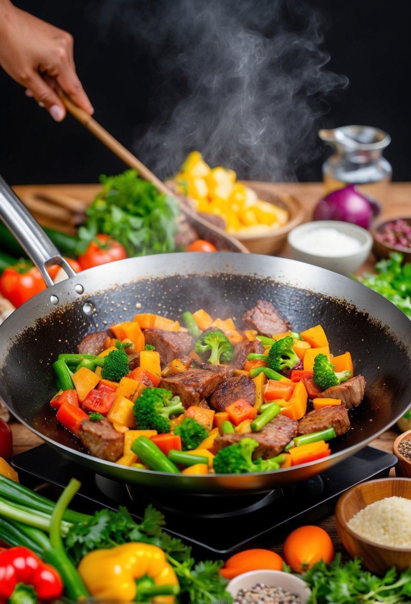 A sizzling wok filled with colorful vegetables and meat, surrounded by an array of fresh ingredients and spices