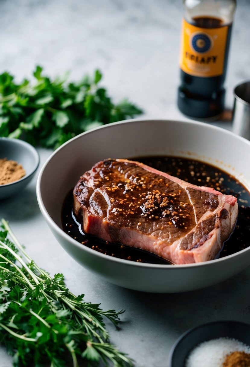 A steak marinating in a bowl with soy sauce and brown sugar, surrounded by fresh herbs and spices