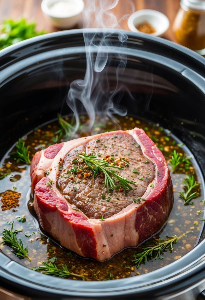 A marinated eye of round steak resting in a slow cooker surrounded by aromatic herbs and spices, with steam rising from the tenderized meat