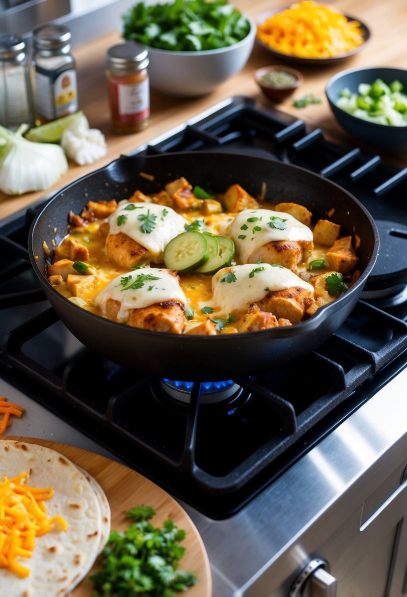 A sizzling skillet of chicken, cheese, and tortillas on a stovetop. Chopped vegetables and seasonings nearby