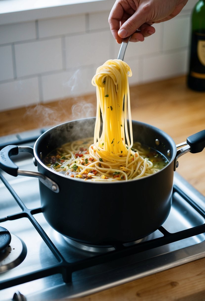 A pot of boiling spaghetti with garlic, olive oil, and chili flakes on a stove