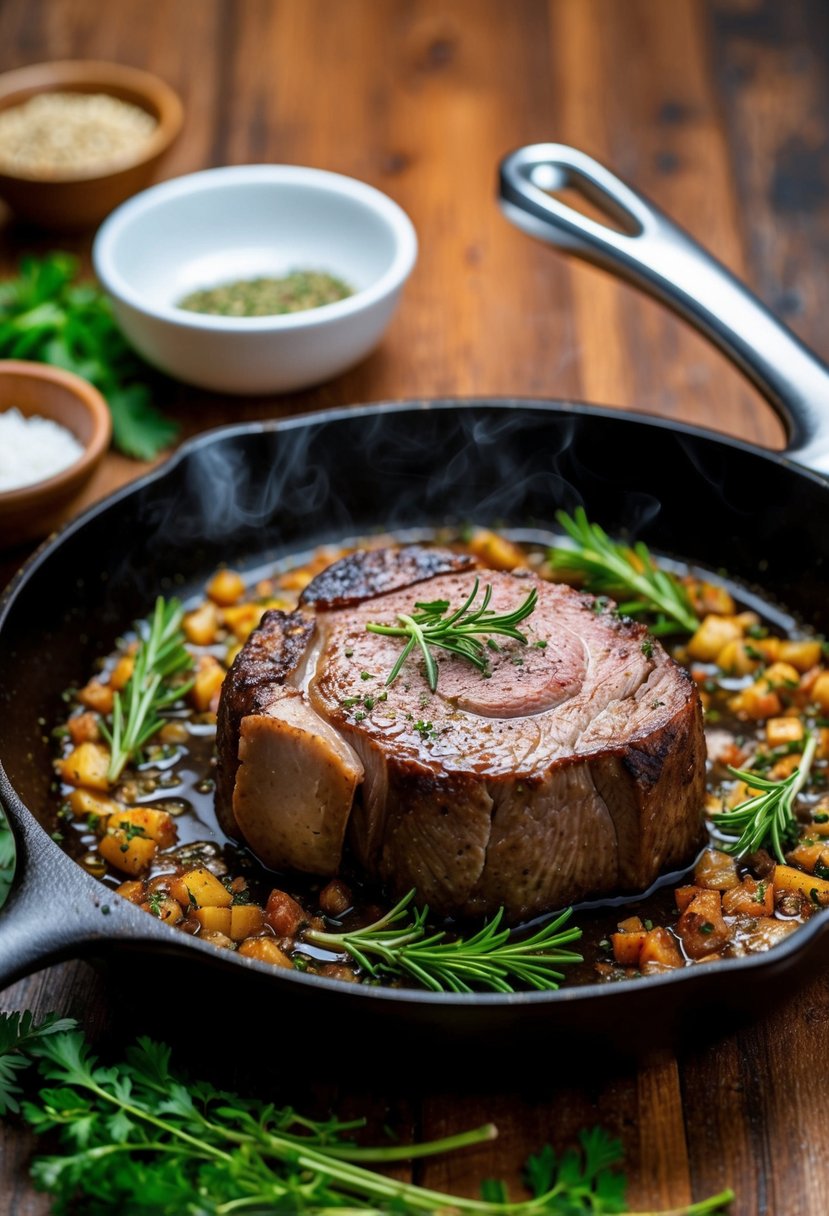 A sizzling skillet with a juicy eye of round steak surrounded by fresh herbs and spices