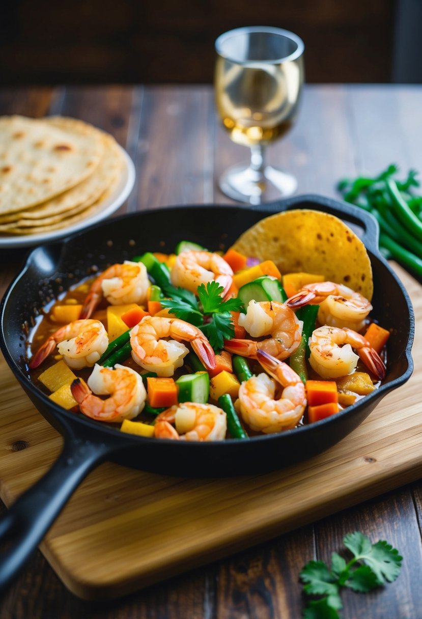 A sizzling skillet of shrimp, colorful vegetables, and warm tortillas on a wooden cutting board