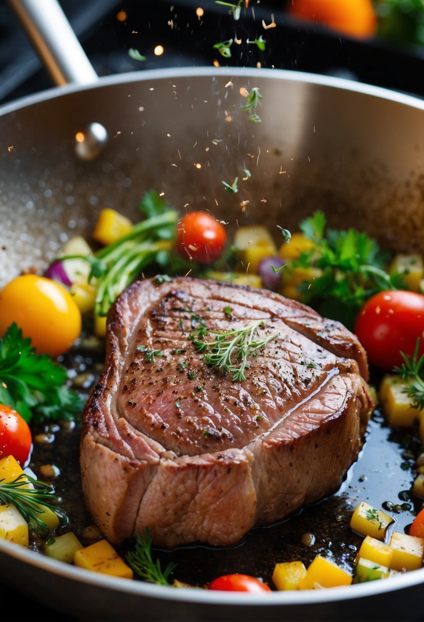 A sizzling eye of round steak searing in a hot skillet, surrounded by colorful vegetables and aromatic herbs