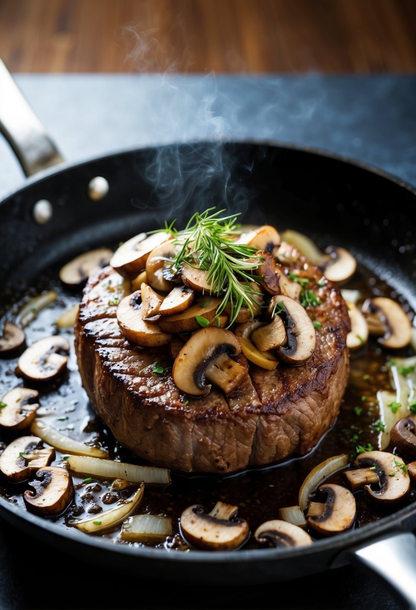 A sizzling round steak topped with savory mushrooms and onions in a hot skillet