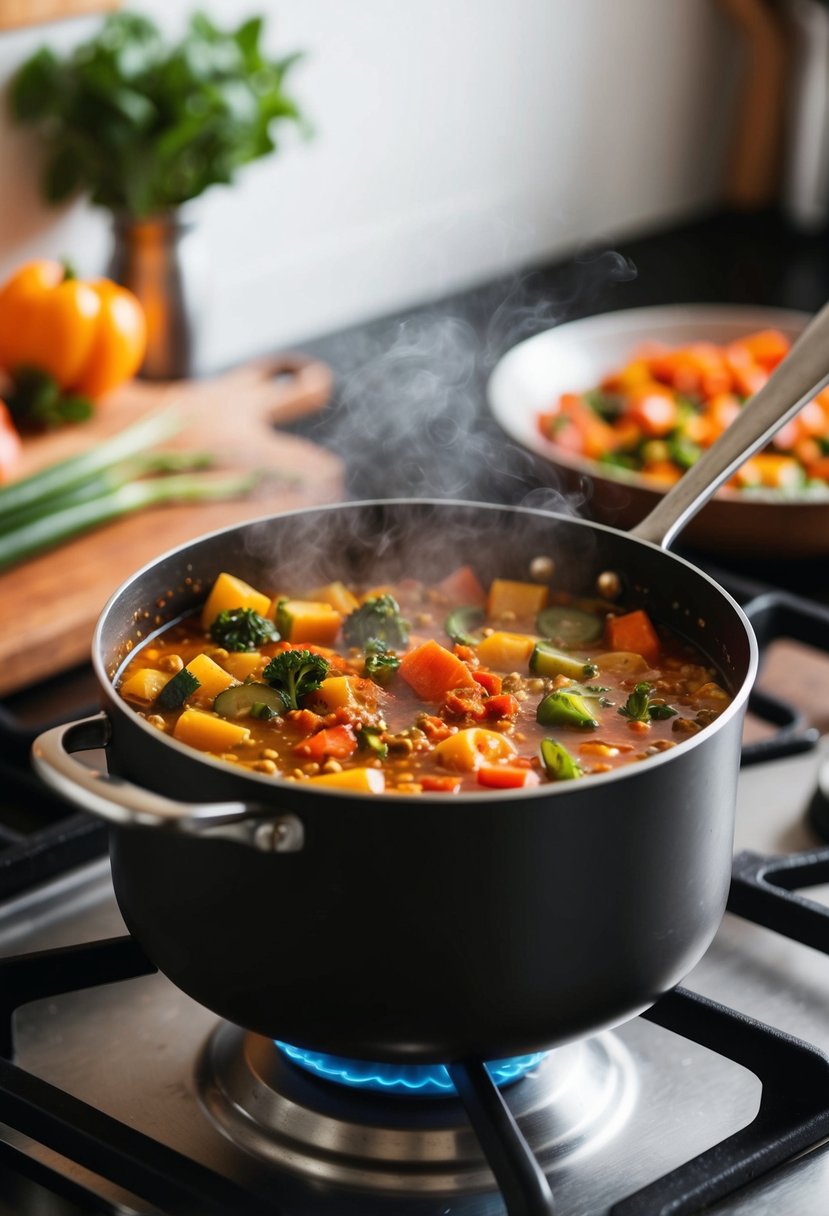 A bubbling pot of colorful vegetables and aromatic spices simmering on a stove