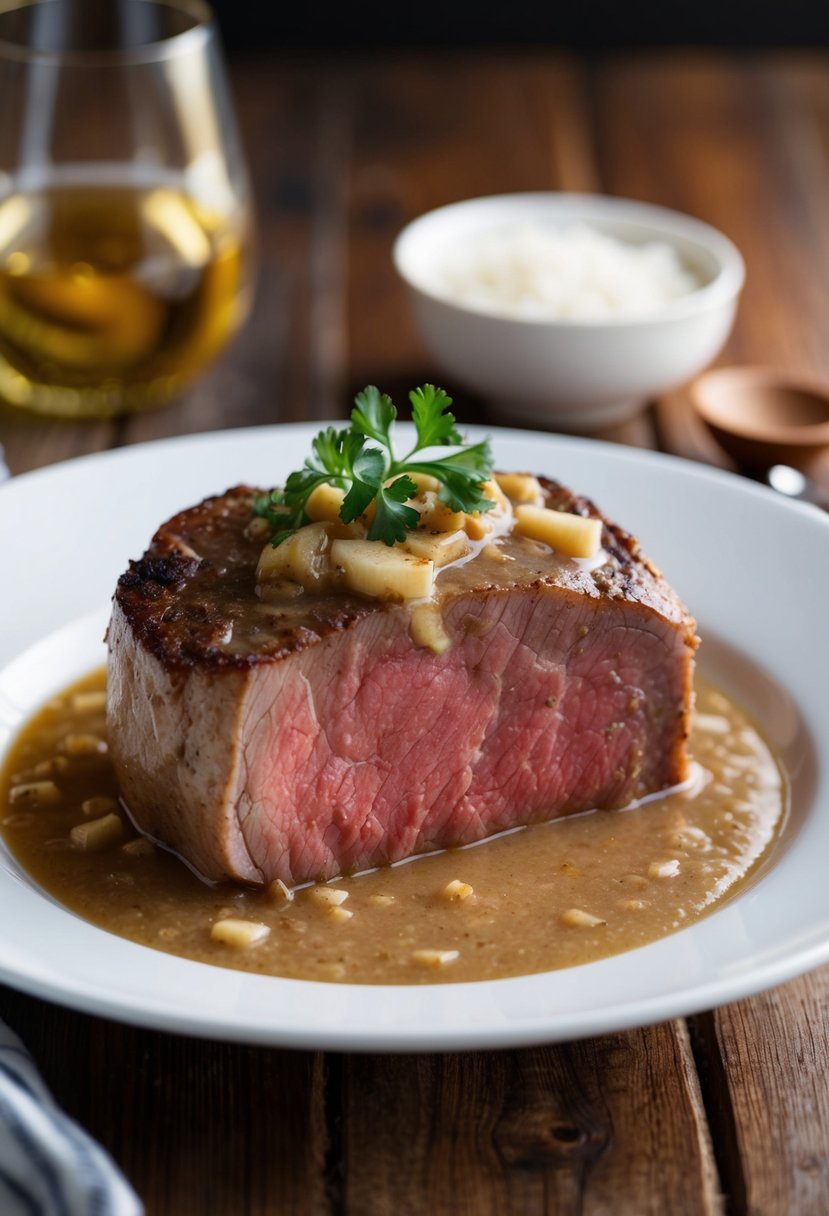 A juicy eye of round steak marinating in white wine gravy