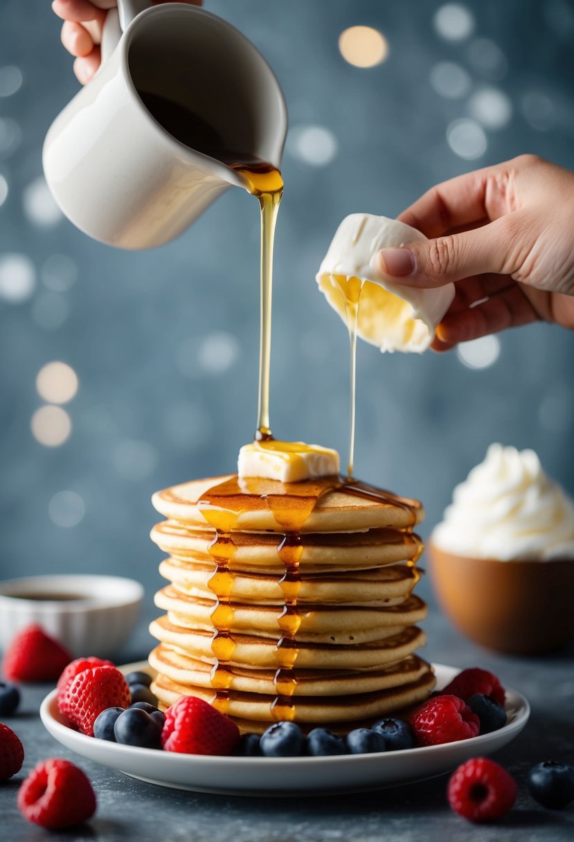 A stack of golden pancakes being drizzled with syrup and topped with a pat of melting butter, surrounded by fresh berries and a dollop of whipped cream