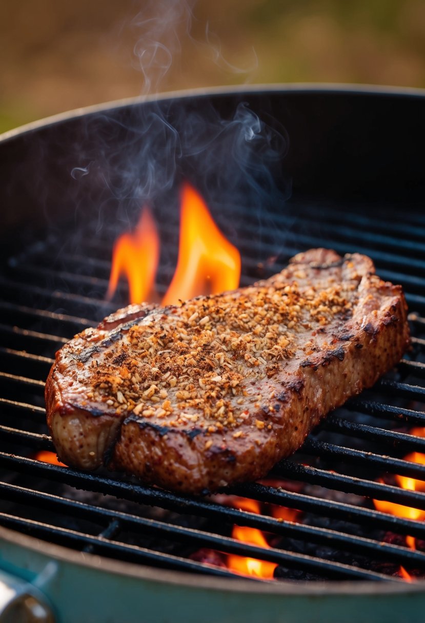 A sizzling steak, crusted with spiced pepper, grilling on a hot barbecue