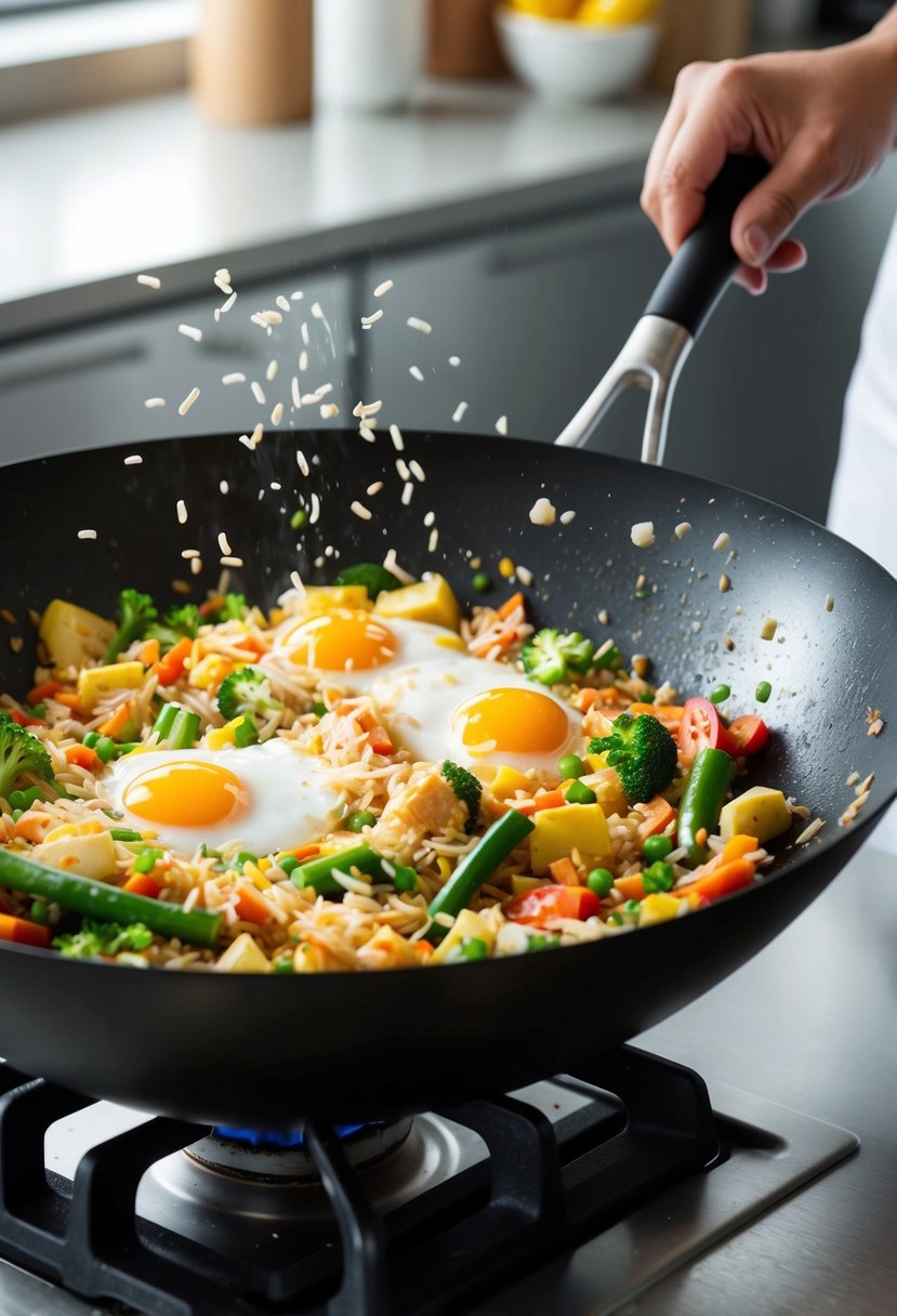 A sizzling wok filled with colorful vegetables, eggs, and rice being tossed together with a flurry of motion