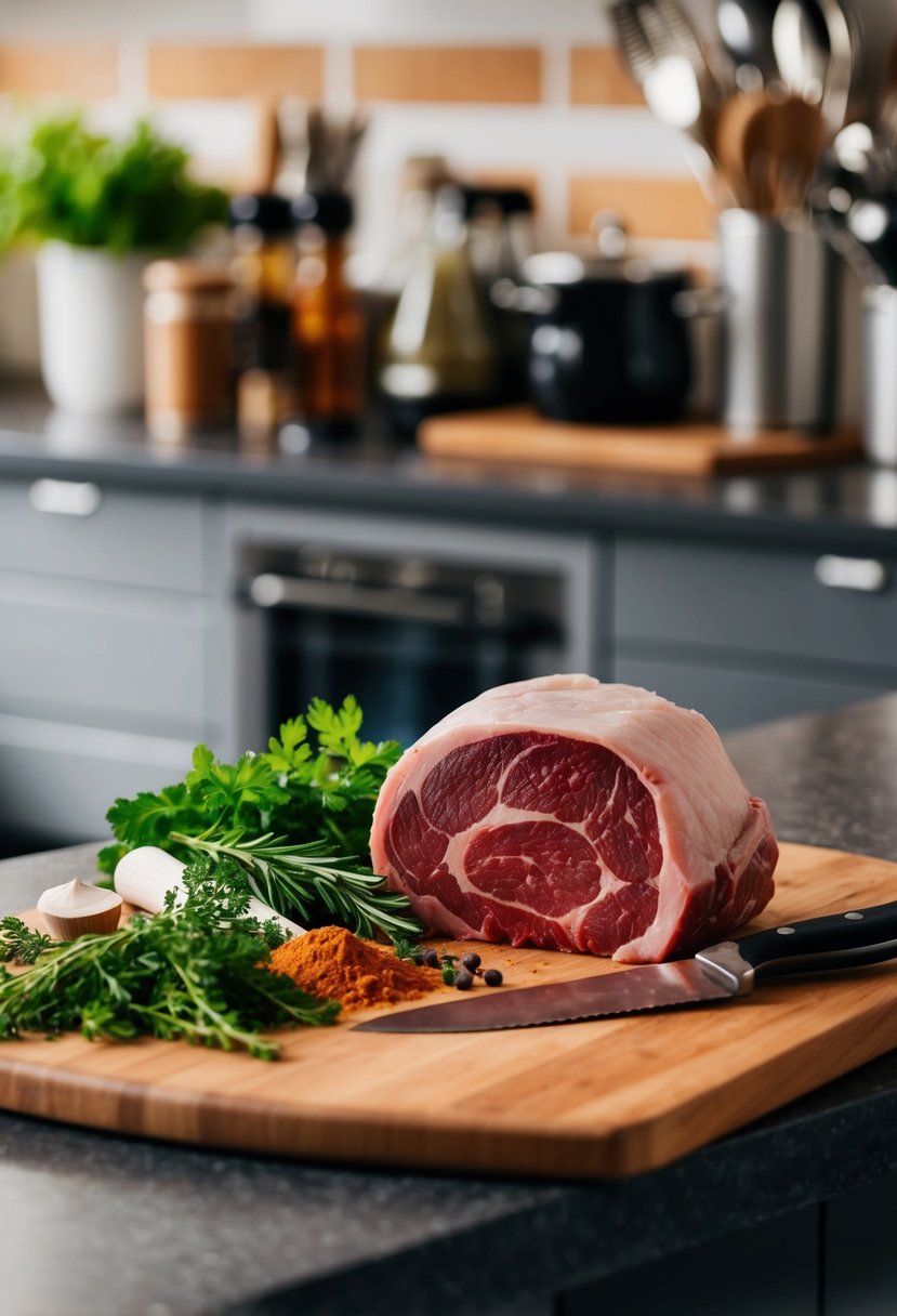 A kitchen counter with fresh herbs, spices, and a raw eye of round steak ready for gourmet cooking