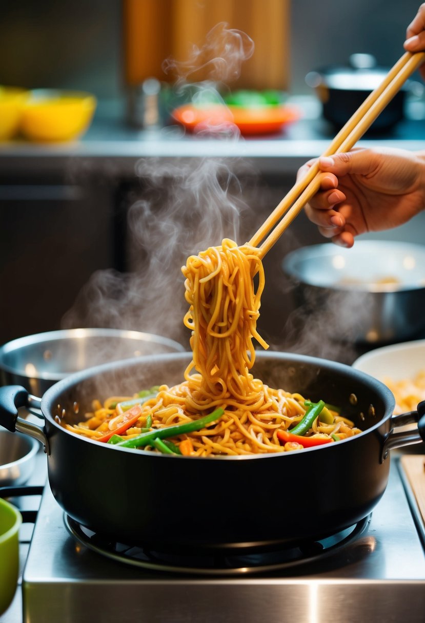 A steaming pot of teriyaki noodles being tossed with colorful vegetables and sauce in a bustling kitchen