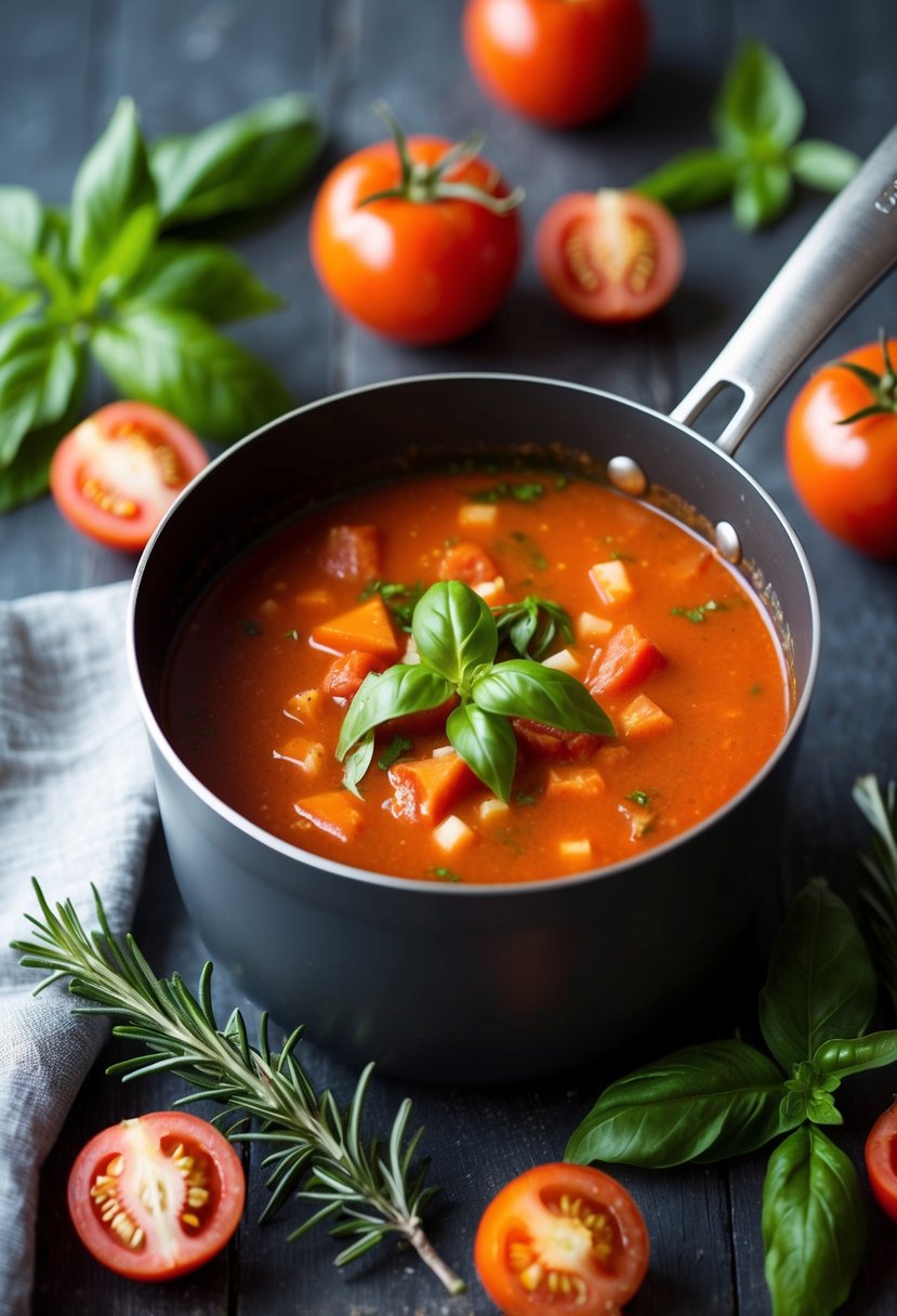 A pot of simmering tomato basil soup surrounded by fresh tomatoes, basil leaves, and a sprig of rosemary