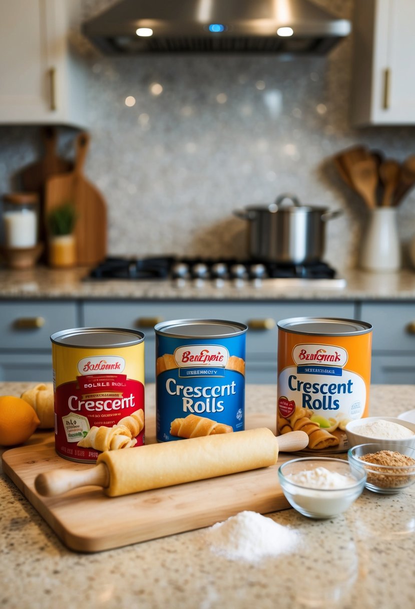 A kitchen counter with open cans of crescent rolls, a rolling pin, and various ingredients for recipes