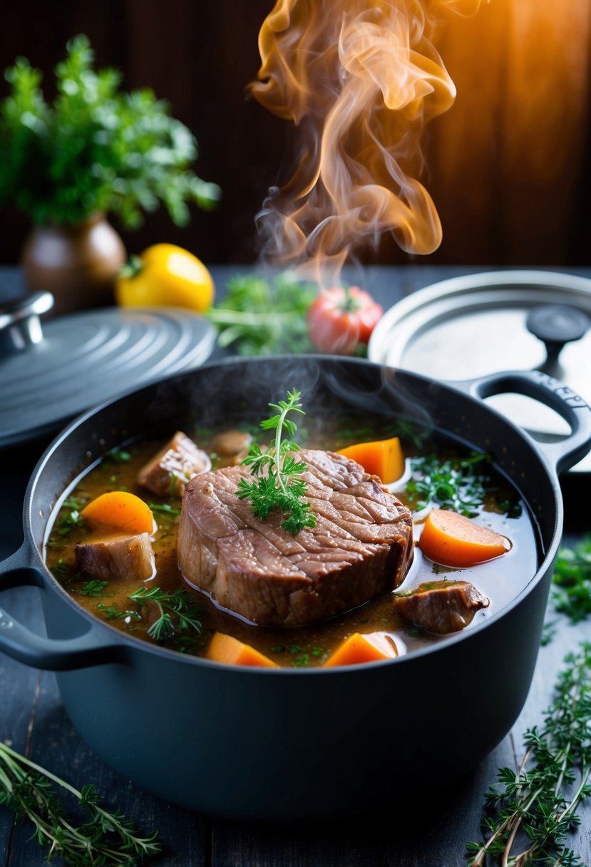 A pot of braised beef round steak simmering in savory broth with aromatic herbs and vegetables, emitting a mouthwatering aroma