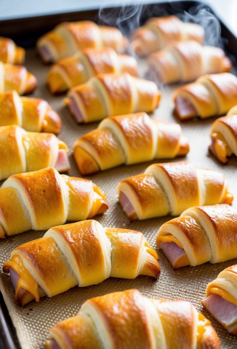 A baking sheet with golden-brown ham and cheese crescent rolls arranged in a neat row, steam rising from the flaky pastry