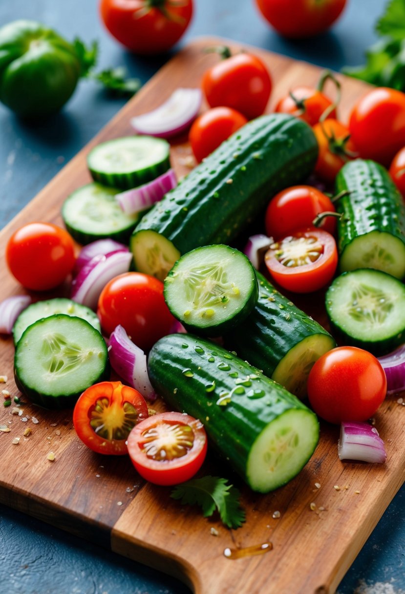 A vibrant assortment of fresh cucumbers, cherry tomatoes, and red onions, tossed in a zesty vinaigrette, sitting on a wooden cutting board