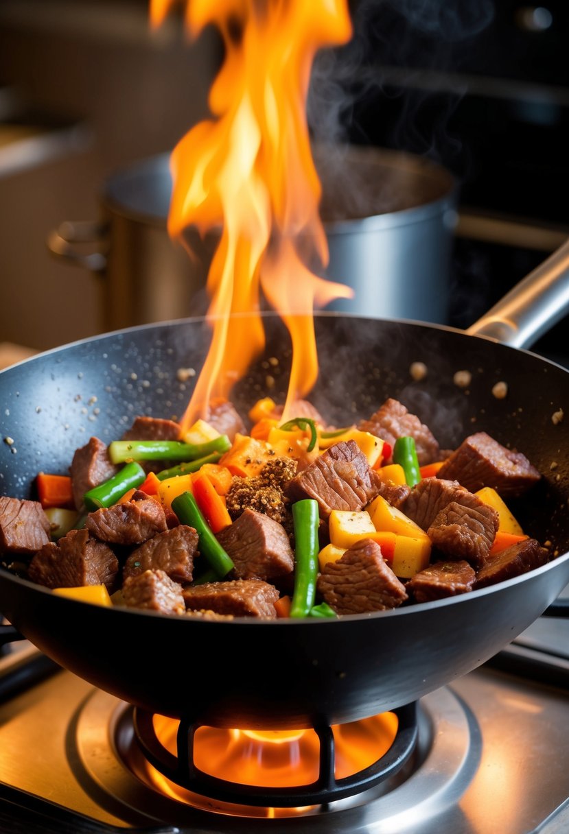 A sizzling wok with chunks of beef, colorful vegetables, and aromatic spices being tossed together over a high flame