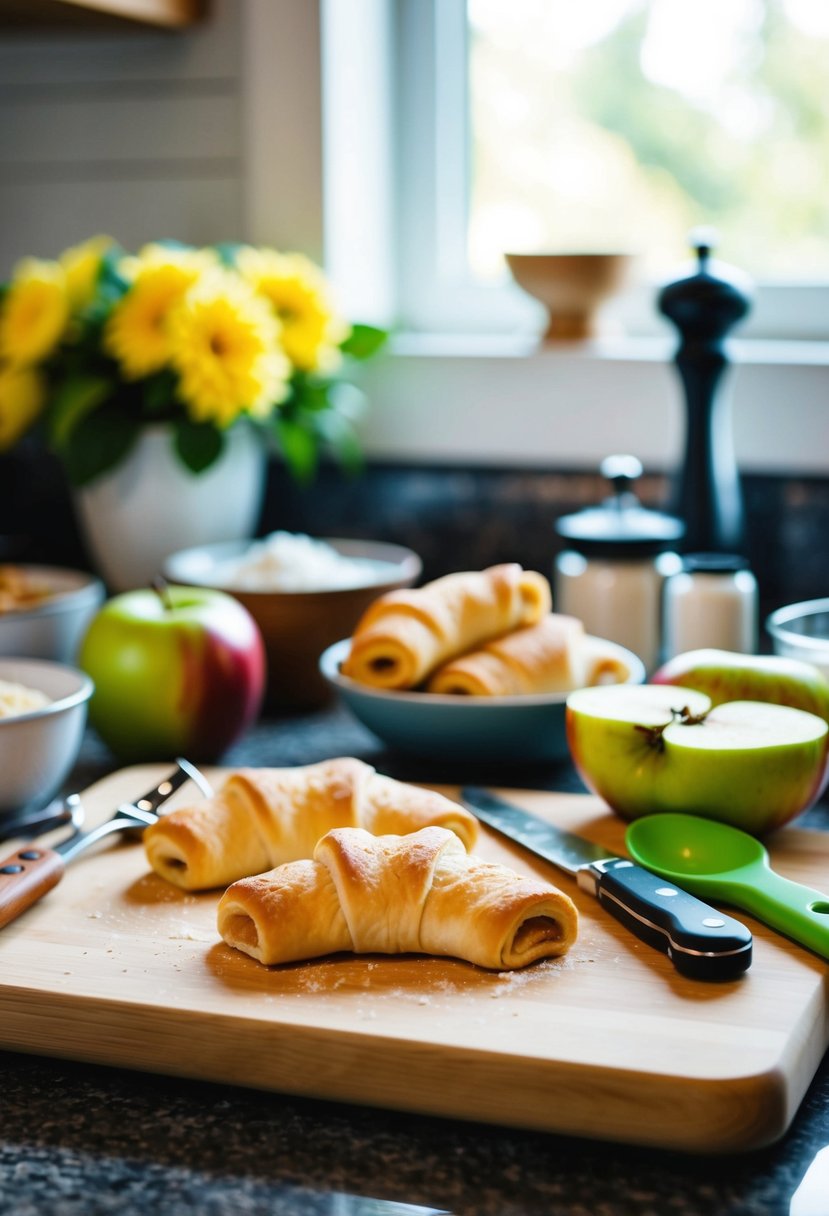 A kitchen counter with ingredients and tools for making apple crescent dumplings with crescent rolls