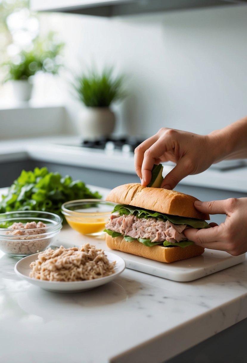 A tuna sandwich being assembled with quick, precise movements. Ingredients laid out on a clean, modern kitchen counter