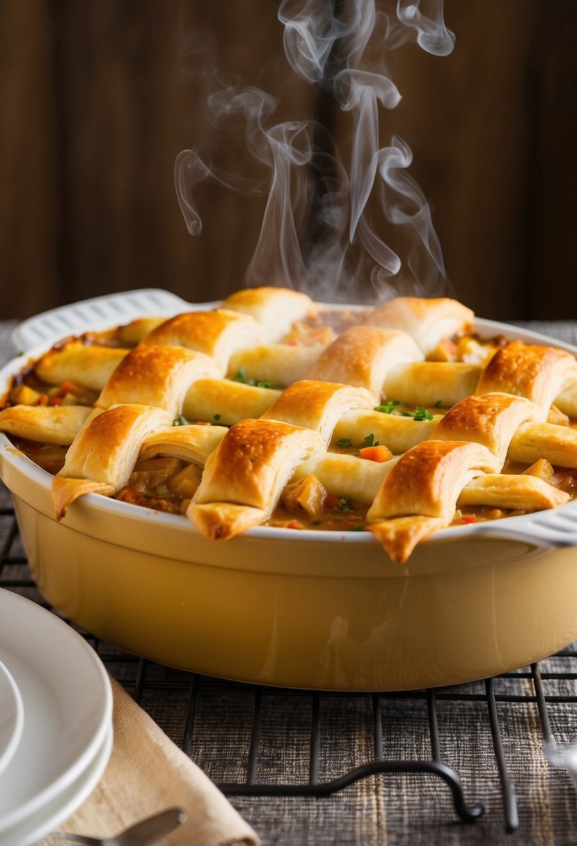 A golden-brown chicken pot pie casserole sits on a table, topped with a lattice of flaky crescent rolls. Steam rises from the bubbling filling