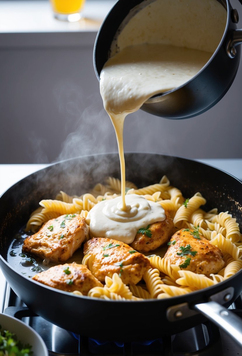 A pot of boiling water with pasta, a skillet with sizzling chicken, and a creamy Alfredo sauce being poured over the dish