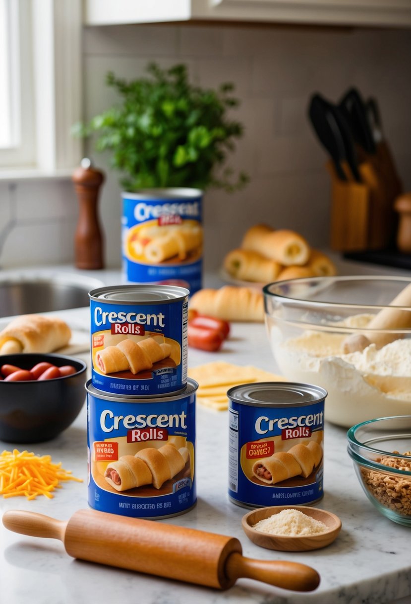 A kitchen counter with open cans of crescent rolls, a mixing bowl, and a rolling pin. Ingredients like hot dogs, cheese, and seasonings are scattered around