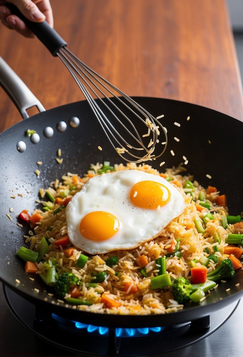 A sizzling wok tosses rice, eggs, and veggies