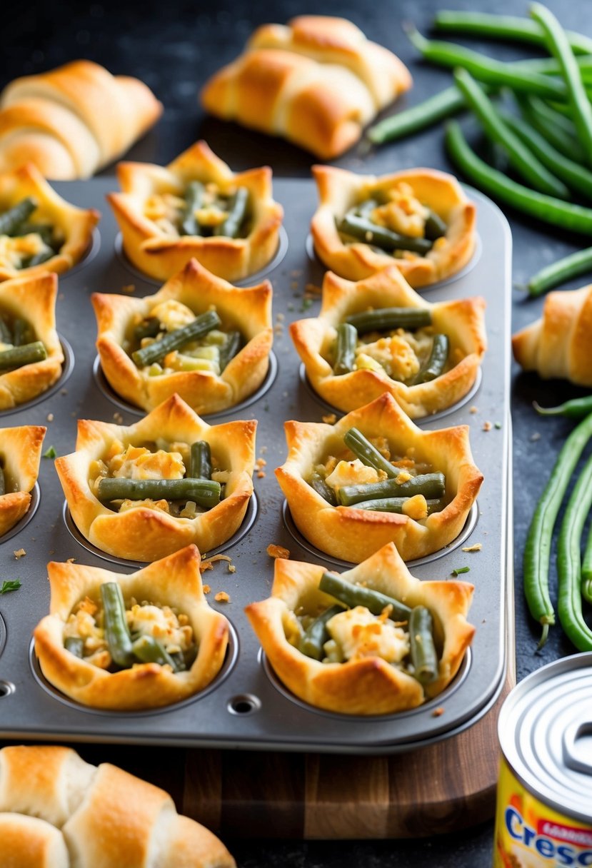 A baking sheet with golden brown crescent cups filled with green bean casserole, surrounded by fresh green beans and a can of crescent rolls