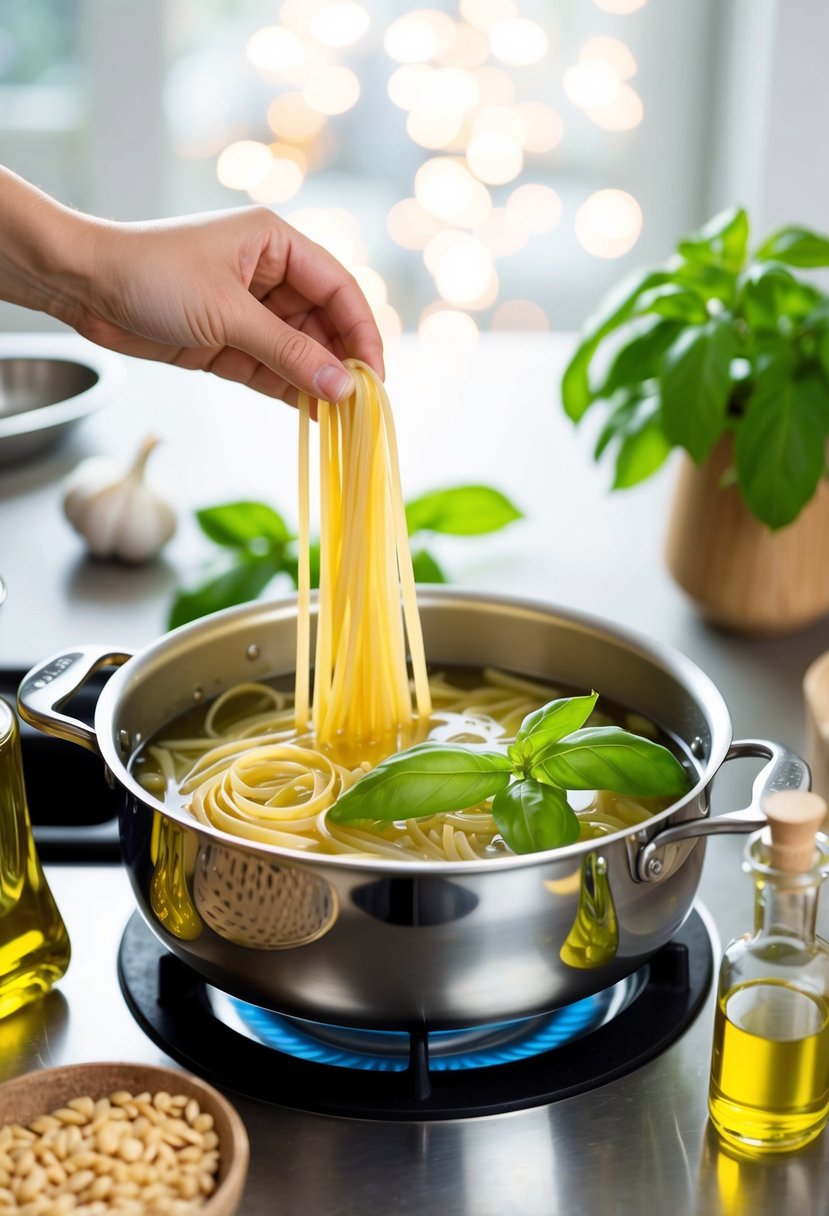 A pot of boiling water, pasta, fresh basil, garlic, pine nuts, and olive oil on a kitchen counter