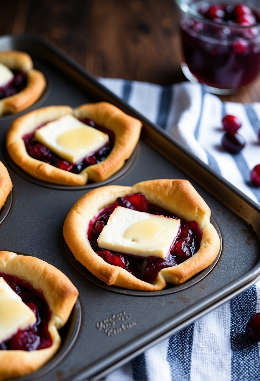 A baking sheet with golden brown crescent roll cups filled with melted brie and cranberry sauce, ready to be served