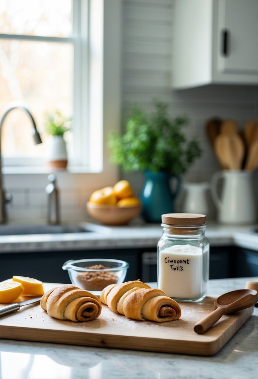 A kitchen counter with ingredients and tools for making Cinnamon Crescent Twists using crescent rolls