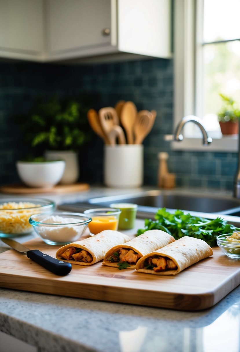 A kitchen counter with ingredients and tools for making chicken enchilada crescent pockets