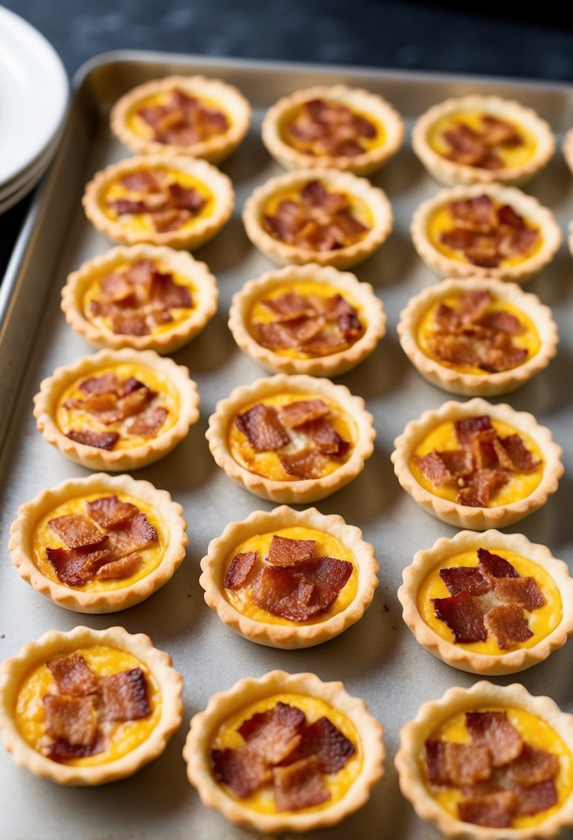 A baking sheet filled with golden brown bacon quiche tarts made with flaky crescent roll crusts, arranged in a neat grid pattern