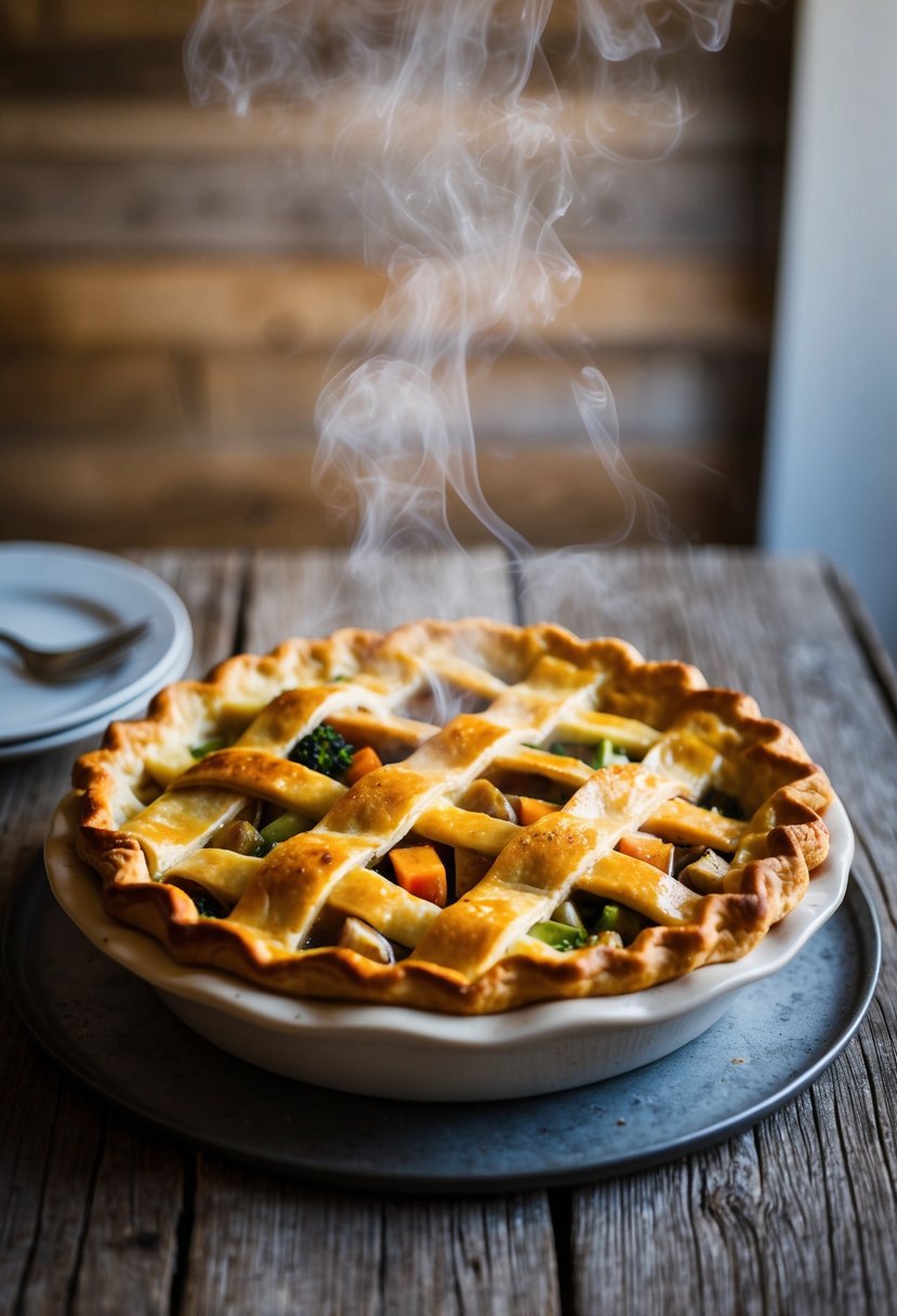 A golden-brown lattice pie sits on a rustic wooden table, steam rising from the flaky crust filled with savory turkey and vegetables