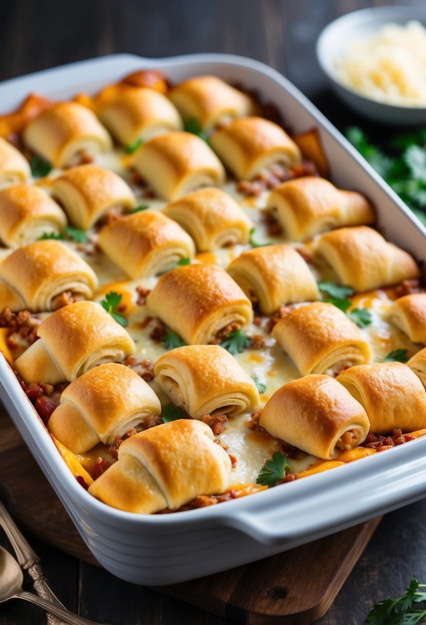 A baking dish filled with layers of Italian Crescent Roll Casserole, with crescent rolls, cheese, and savory fillings