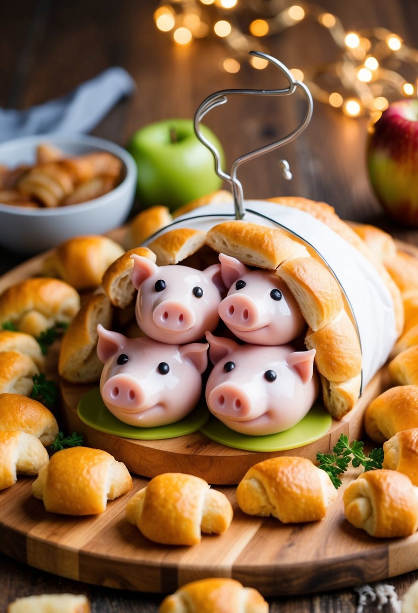 A platter of Apple-Gouda Pigs in a Blanket on a wooden board, surrounded by golden brown crescent rolls