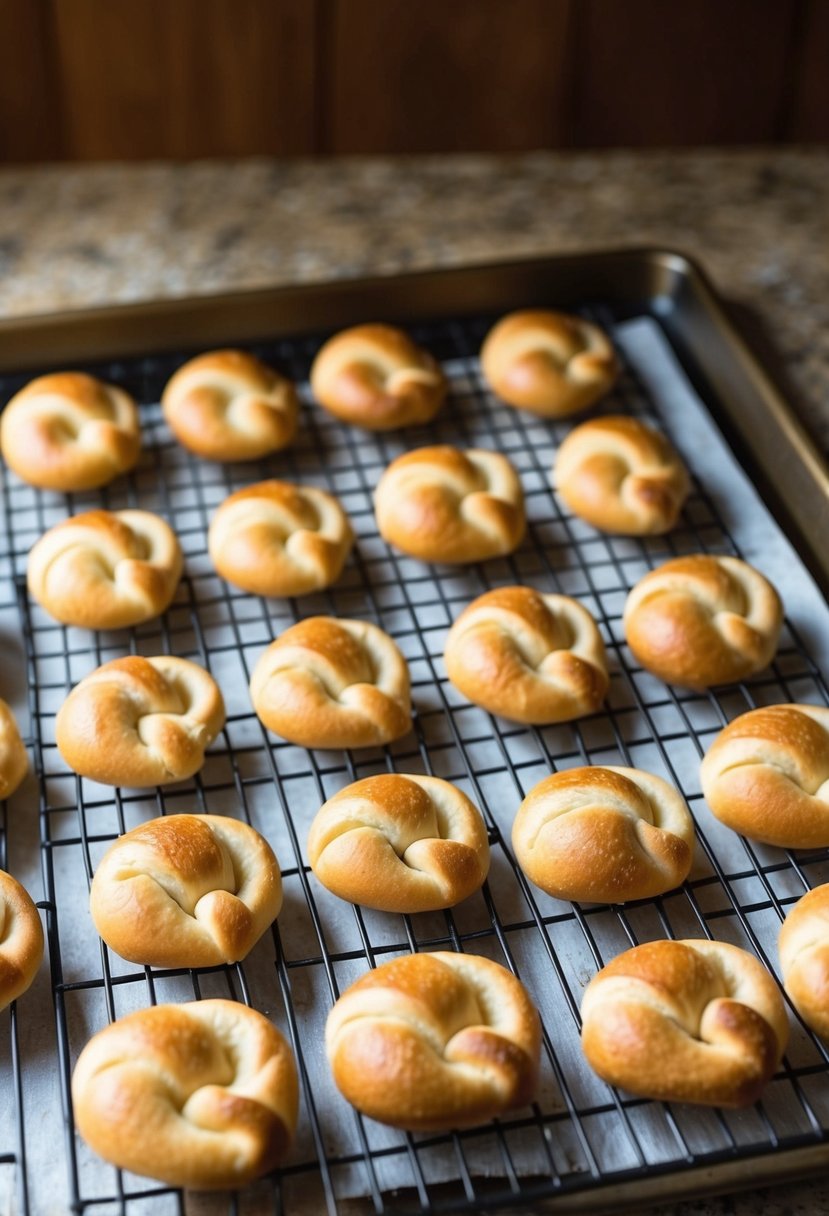 A baking sheet with freshly baked crescent roll pretzels cooling on a wire rack