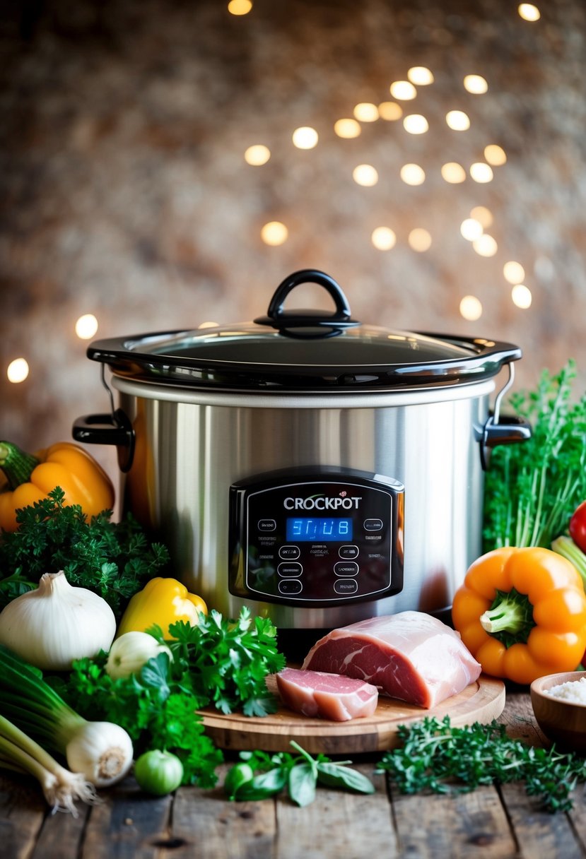 A crockpot surrounded by fresh vegetables, herbs, and cuts of meat, with a rustic kitchen backdrop