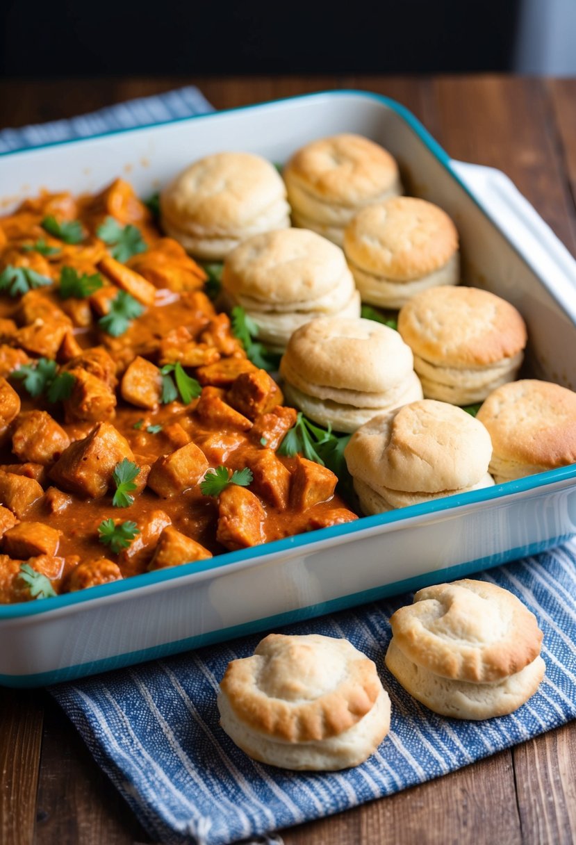 A baking dish filled with layers of chicken tikka masala, biscuits, and crescent rolls, ready to be placed in the oven