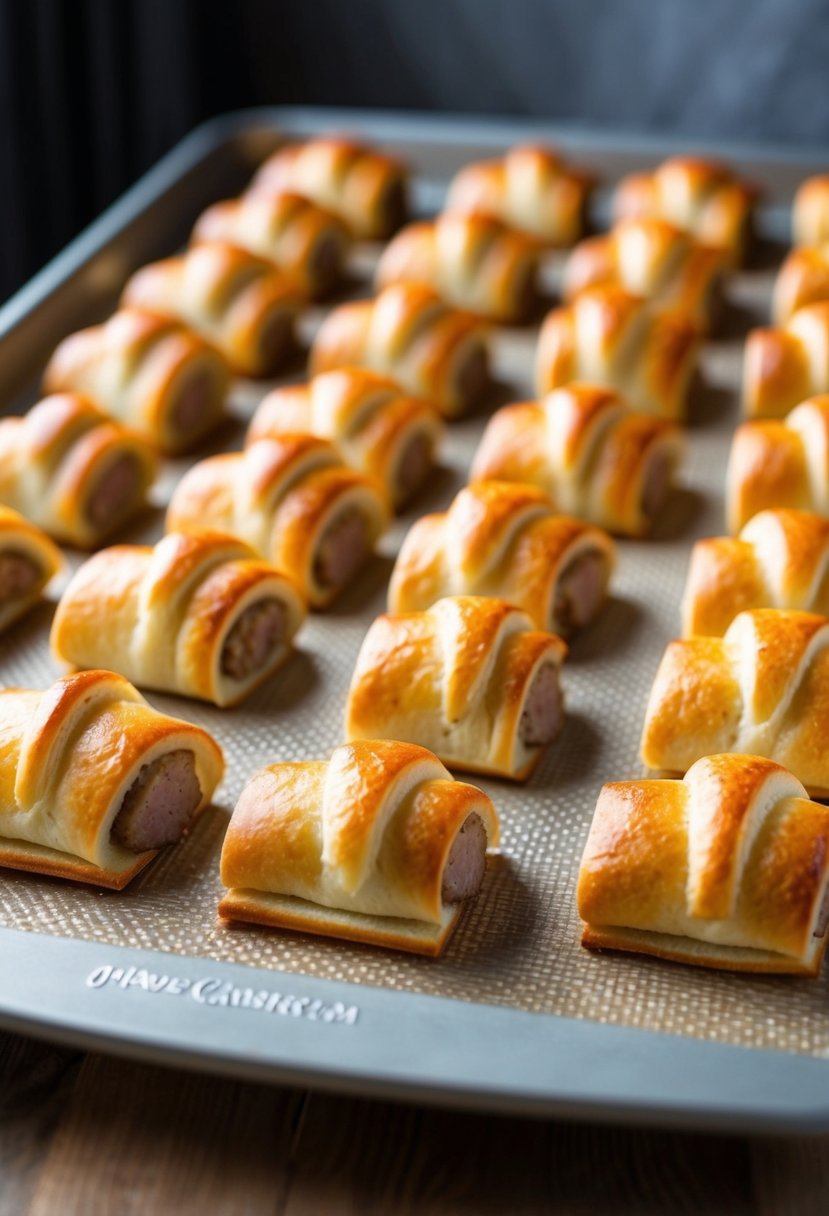 A baking sheet with freshly baked golden-brown crescent sausage squares arranged in a neat row