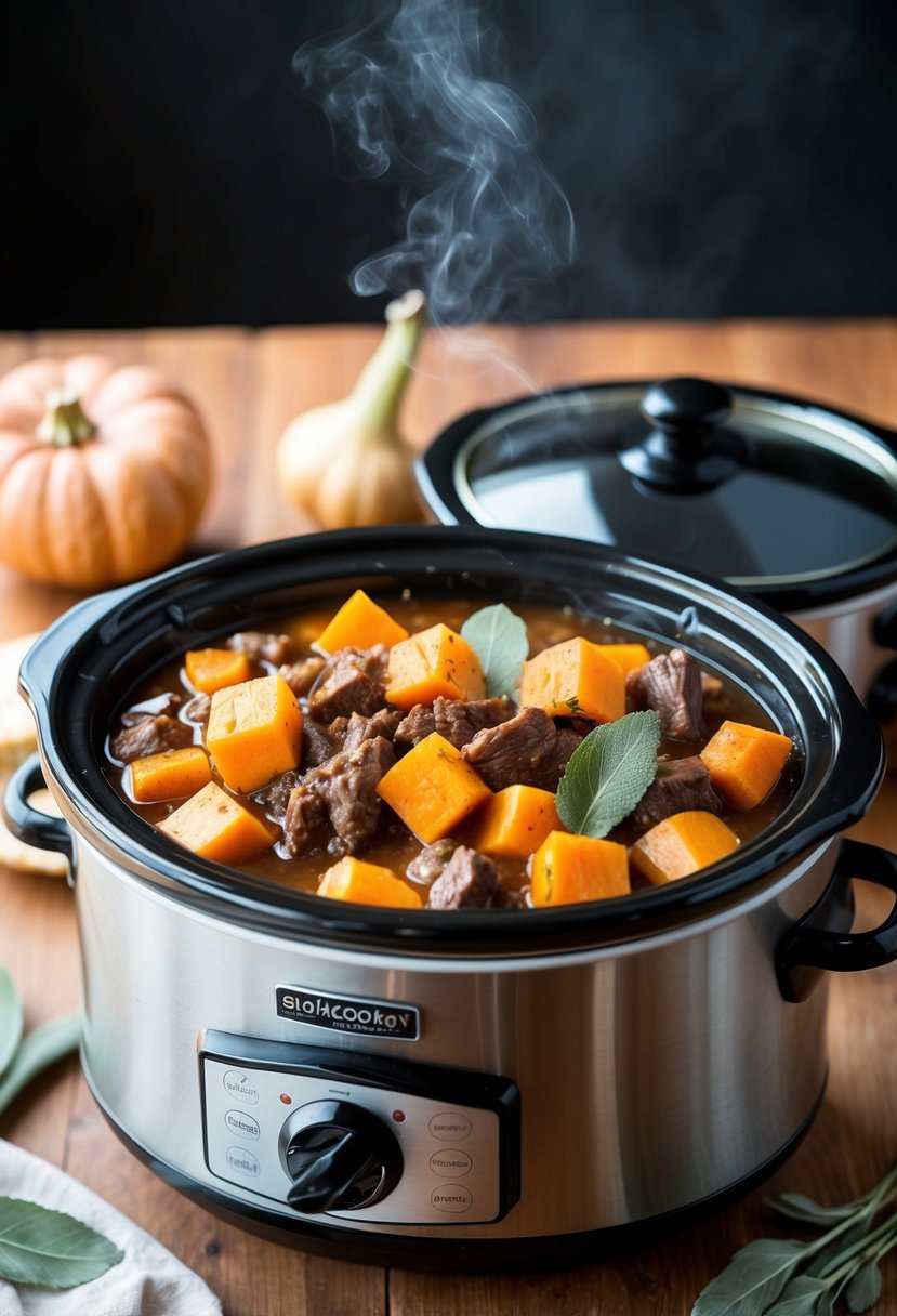 A slow cooker filled with butternut squash, sage, and beef stew bubbling away, emitting a savory aroma