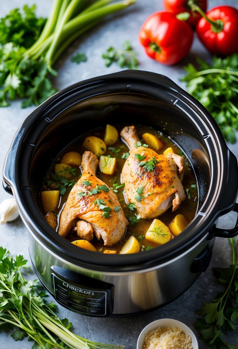 A crockpot filled with Paleo Honey Garlic Chicken surrounded by fresh vegetables and herbs