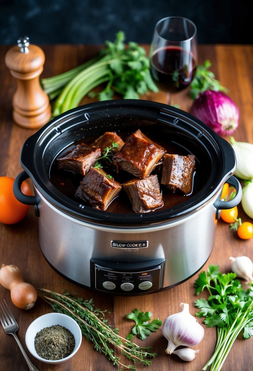 A slow cooker filled with red wine-braised short ribs surrounded by paleo-friendly ingredients like vegetables and herbs