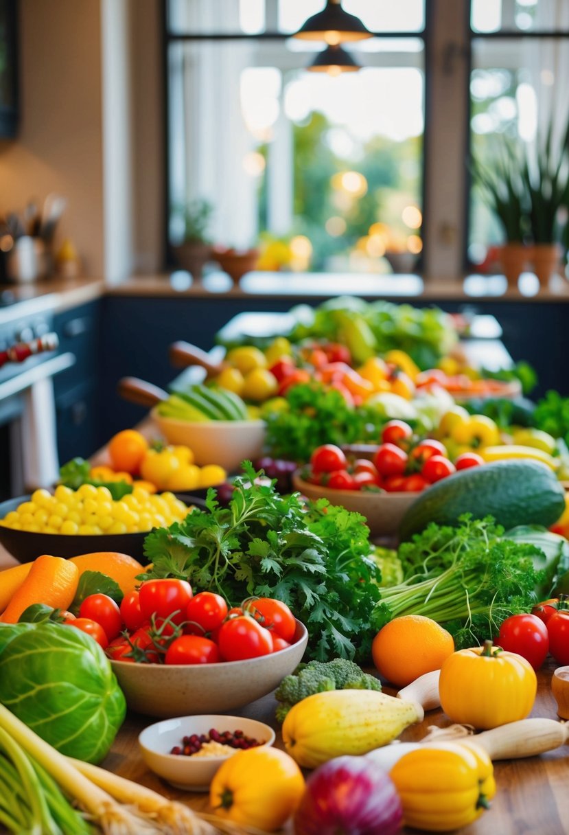 A table filled with colorful, fresh produce and cooking utensils