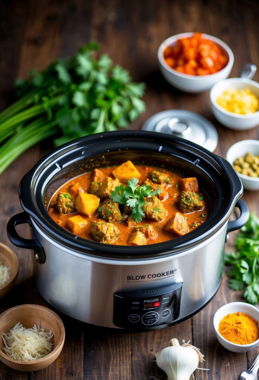 A slow cooker filled with Paleo Tikka Masala ingredients simmering with vibrant colors and rich aromas