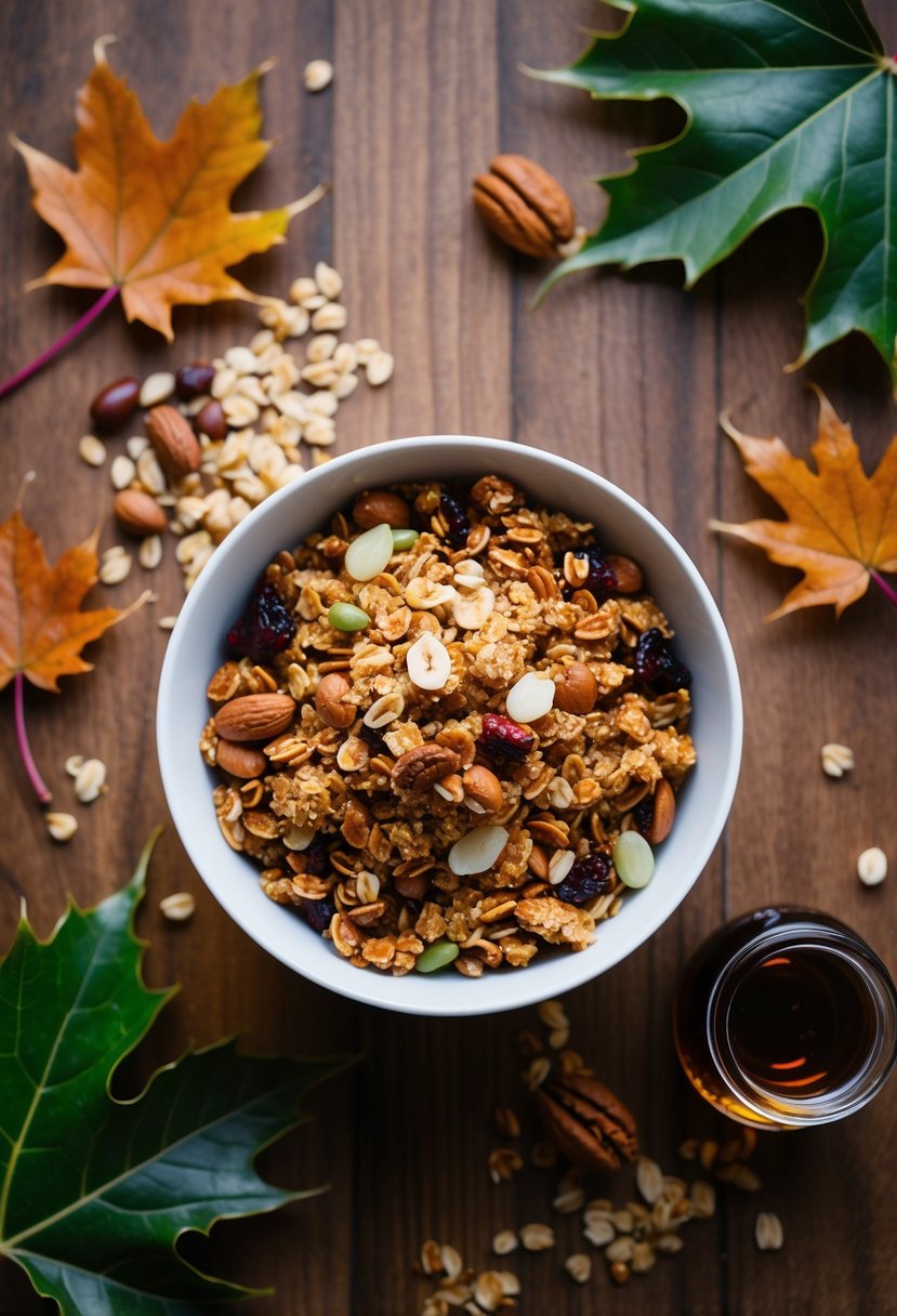 A bowl of maple granola with scattered nuts and seeds, surrounded by fresh maple leaves and a small jar of maple syrup