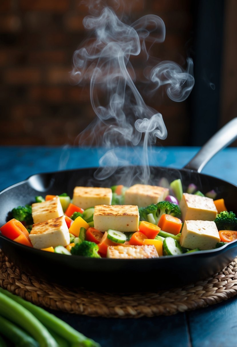 A colorful array of fresh vegetables and tofu sizzling in a skillet, emitting aromatic steam