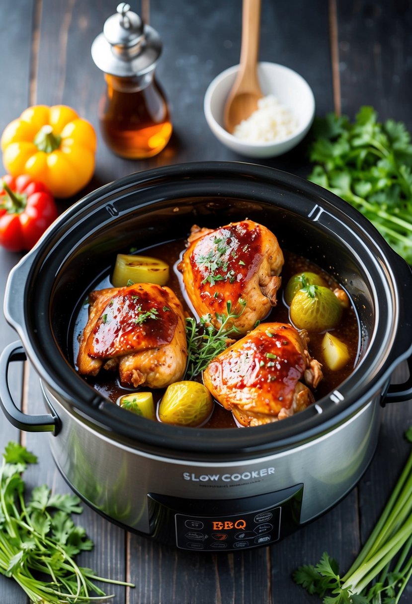 A slow cooker filled with smoky Paleo BBQ chicken surrounded by vegetables and herbs