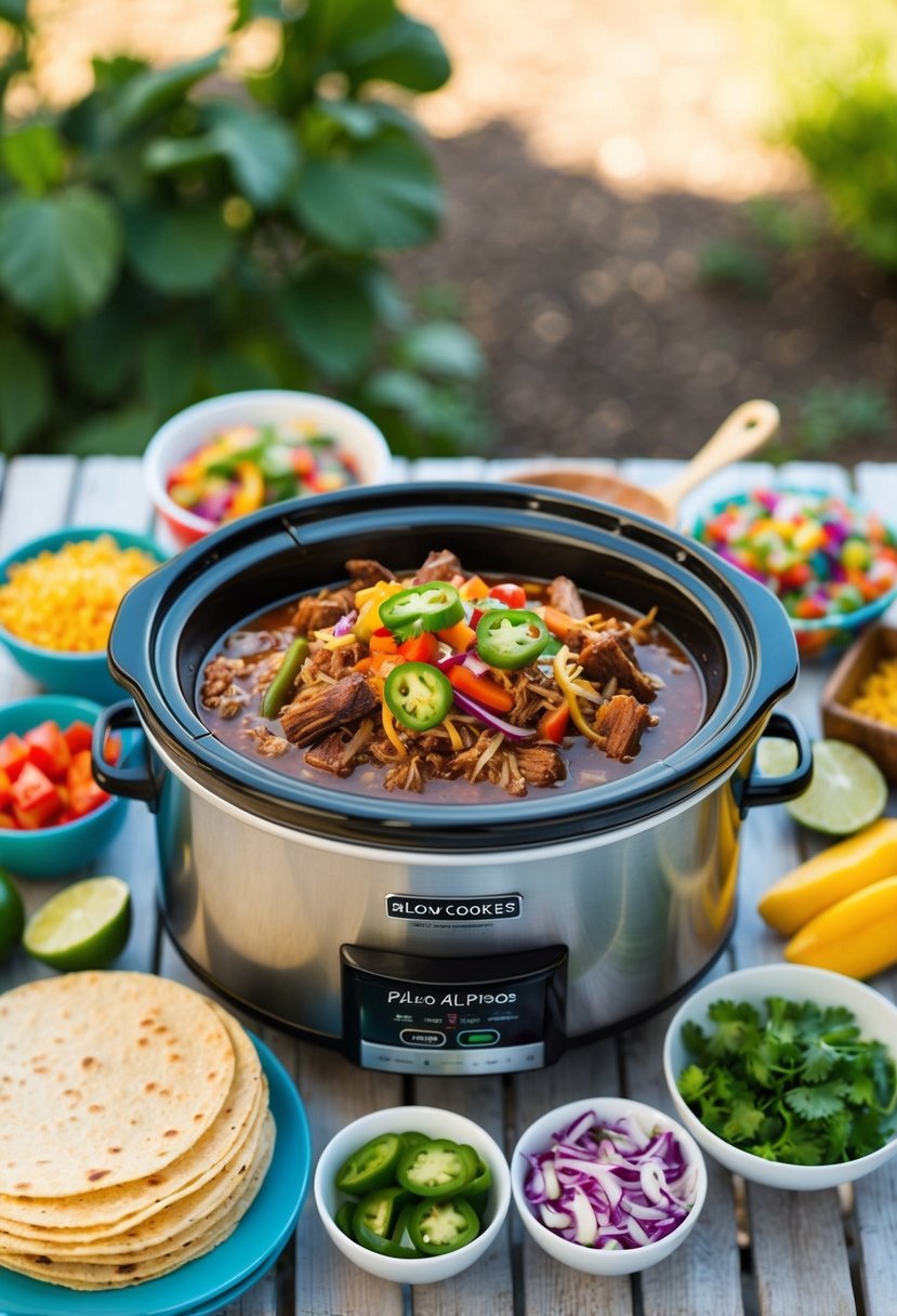 A slow cooker filled with paleo Al Pastor ingredients, surrounded by colorful taco toppings and a stack of tortillas